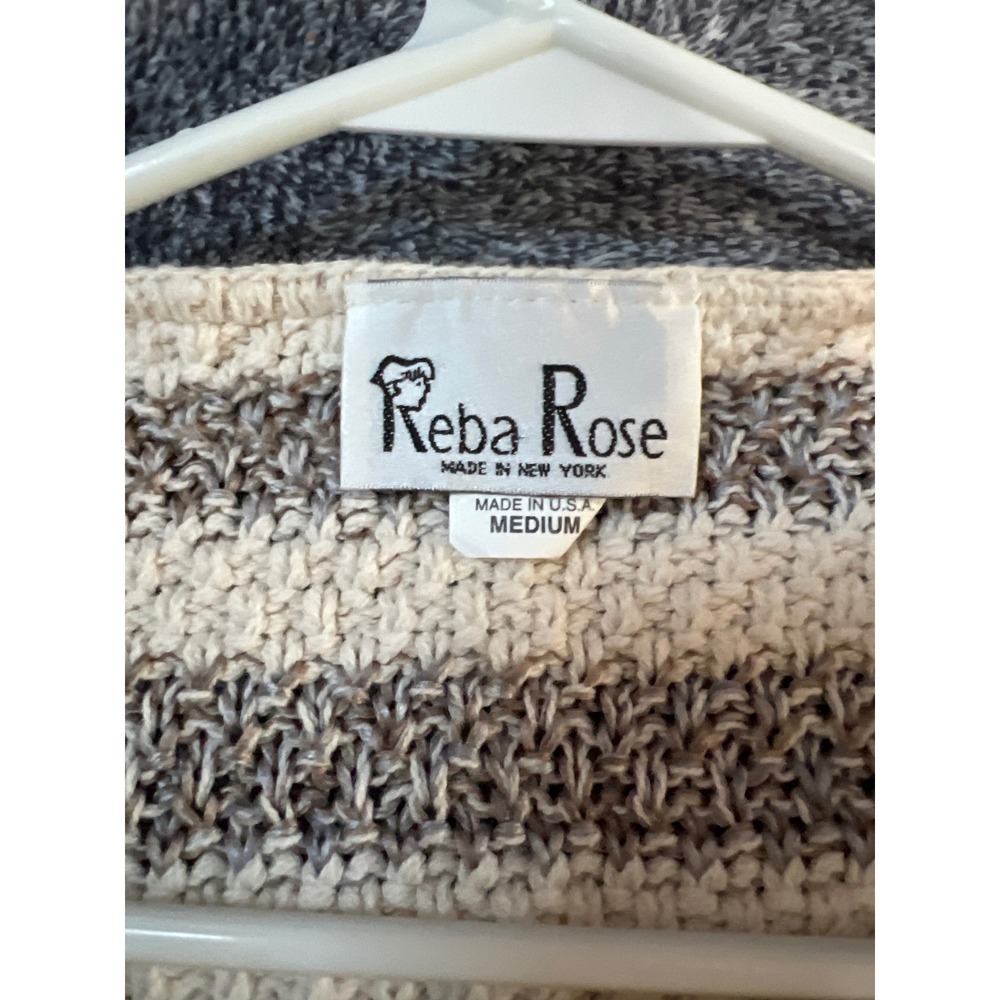 Reba Rose Women Medium Brown Cream Striped Cotton Knit Sweater Made in USA - Picture 3 of 11
